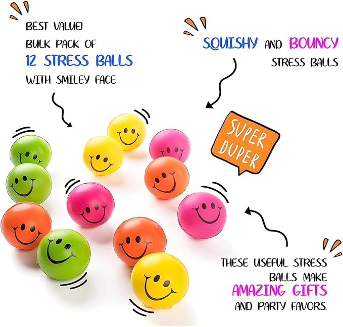 Neliblu Neon Smile Stress Balls for Adults and Kids - Foam Squeeze Balls for Stress Alleviation, Relaxation and Fun - Pack of 12 Happy Face 2.5-Inch Stress Balls - Ideal for Parties, Therapy, and Toys
