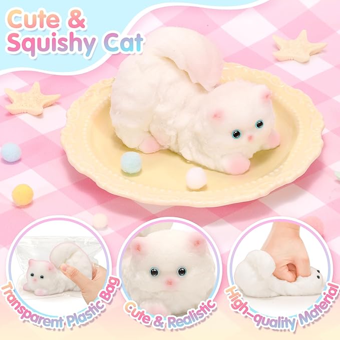 Big Squeeze Cat Toys with Basket,Soft Cat Squishies Sensory Fidget Toys for Stress Anxiety Relief, Sticky Toys Party Favors Christmas Birthday Gift for Kids Teens
