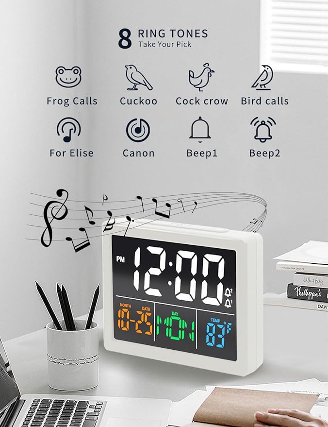 Digital Alarm Clock, with 5.5" Large LED Time Display, Adjustable Alarm Volume, 6 Level Brightness, Alarm Settings, USB Charger, Temperature Detect, Snooze, Clocks for Bedroom, Bedside, Desk, White