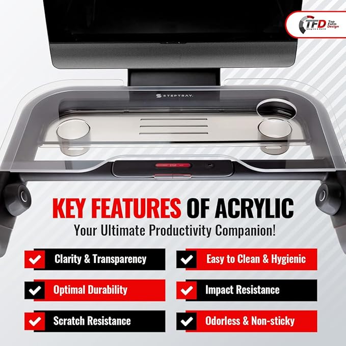 TFD The Tray | Compatible with Peloton Tread Plus ONLY, Made in USA | Walking Desk Attachment Holder for Laptop, Tablet, Phone, & Book - Exercise Workstation - Peloton Treadmill Accessories (Clear)