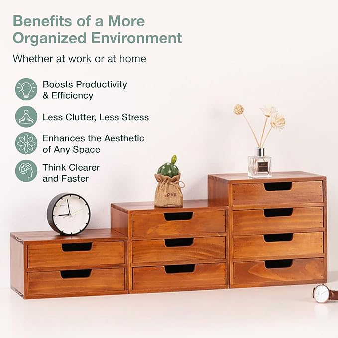 4 Drawer Desktop Storage Organizer in Modern Wood Design (9.8”x6.9”x 9.8”) 4-Drawer Stackable Drawer Unit - Vanity Accessories Organizer (1-Pack)