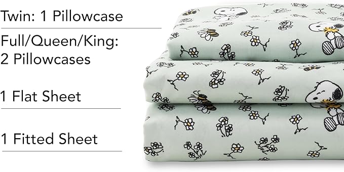 Berkshire Blanket Peanuts® Kids Sheet Set Twin Size - 3 Pieces,Cute Character Snoopy Printed Soft Microfiber Bed Sheets,Mini Snoopy & Woodstock New Flower and Bees Sage