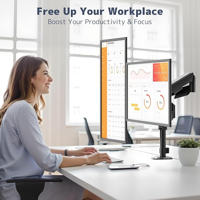 PUTORSEN Dual Monitor Stand for 17-32 Inch Screens,Holds up to 19.8lbs, Full Motion Adjustable Tilt Swivel Rotation, Space-Saving Desk Mount with C-Clamp & Grommet, VESA 75/100mm