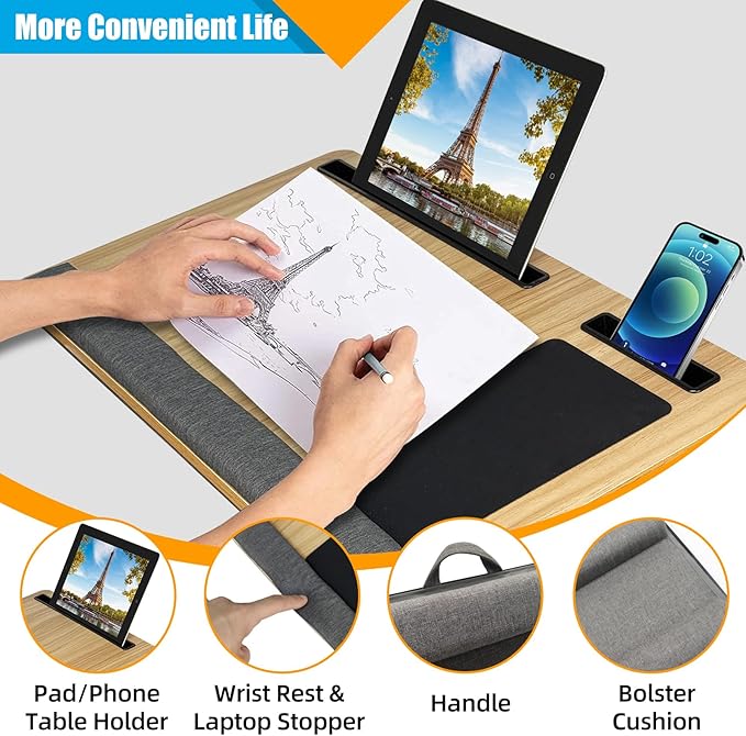 Natural Wood Laptop Tray for Lap - Portable Laps Desk for Lap with Cushion, Lightweight Laptop Lap Tray with Mouse Pad, Fits Laptops Up to 17 Inches, Built-in Mouse Pad, Tablet Phone Holder, Beige