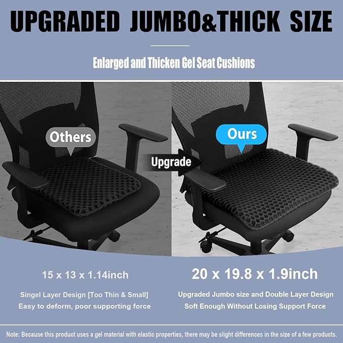 20" Gel Seat Cushion for Long Sitting(Jumbo&Thick) – Office Chair Cushion – Wheelchair Cushions for Pressure Sores – Non-Slip Desk Chair Car Seat Cushion Driving – Sciatica & Back Pain Relief