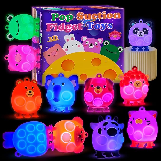 Light Up Animal Pop Fidget Toys, 12 PCS Silicone Suction Toys, Glow Party Favors for Kids, Goodie Bags Stuffers, Birthday Gifts, Bulk Toys Prizes, Classroom Prizes