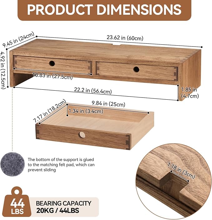 KIRIGEN Wood Monitor Stand with 2 Drawers - Computer Arm Riser Desk Storage Organizer,Speaker TV Laptop Printer Stand with Pen Slot and Cable Management,Dark Brown Desktop Shelf for Office DBR-2PMJ
