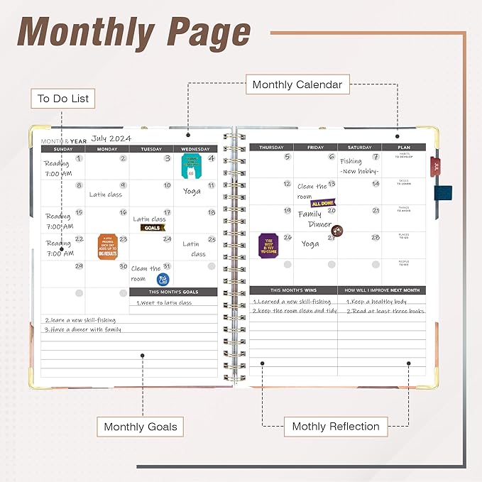Ospelelf Daily Calendar Planner Undated Spiral Binding Weekly Monthly Hardcover Planners with Stickers 12 Months Productivity Agenda Journey Letter Size Brown