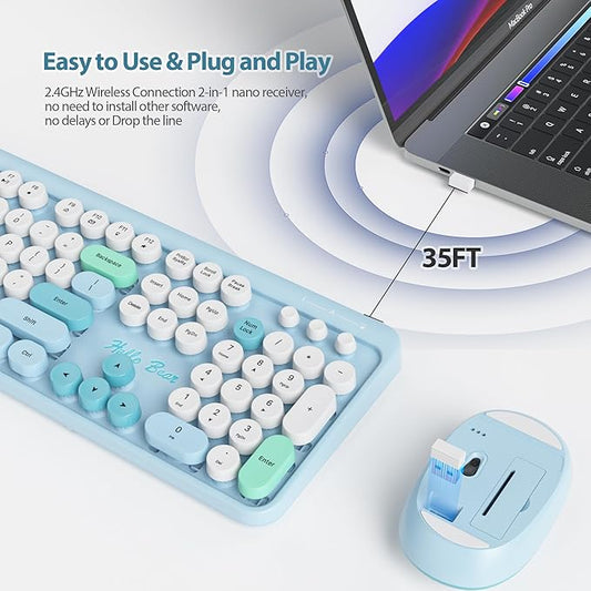 Fogruaden Wireless Keyboard and Mouse Combo, 2.4GHz Retro Typewriter Keyboard, 104 Full Size Round Keycap Cute Computer Keyboard with Number Pad, Blue Colorful Keyboard for Windows PC Laptop(Blue)