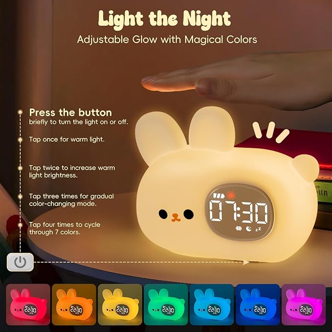 Bunny Alarm Clock with Night Light for Kids with Sleep Training and Sound Machine, Rechargeable Silicone Lamp OK to Wake Clock，Cute Animal Tabletop Lamp, Perfect Sleep Companion for Boys Girls