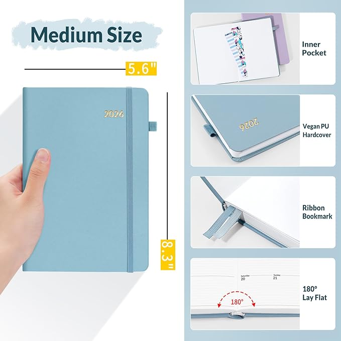 SUNEE 2026 Weekly & Monthly Hardcover Planner 5.5" x 8.3" - 12 Month (January 2026 - December 2026), Small Hardcover Planner, Pocket, Notes, 100 GSM Paper, Gray Blue