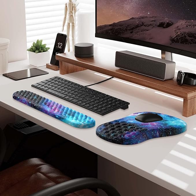 HAOCOO Ergonomic Mouse Pad with Wrist Rest, Keyboard Wrist Rest Pad, 3 PCS Computer Mouse Pad Sets for Desk, Memory Foam Mousepad with Wrist Support for Office Gaming Laptop, Galaxy Purple