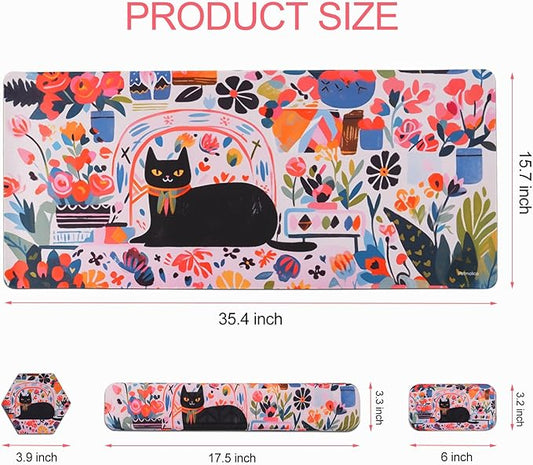 Petmolico Wrist Rest Set with Computer Keyboard Desk Pad,Mouse Wrist Rest,Keyboard Typing Wrist Pad and Cup Coasters,Ergonomic Design for Typing Pain Relief(Black,Cat with Flowers)