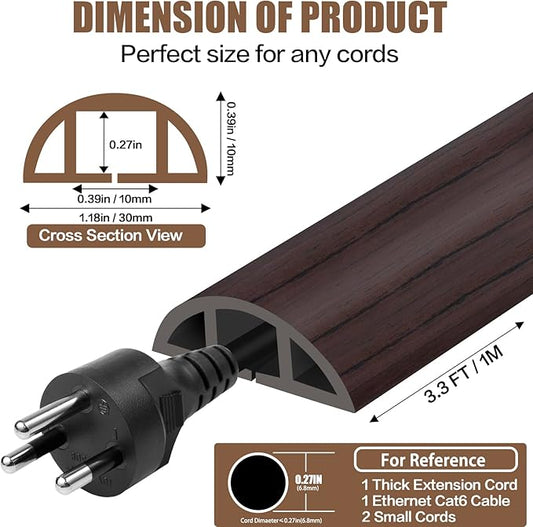 Floor Cord Cover Self Adhesive Cord Hider,3.3FT Cable Management, Extension Strip Protector for Wires, Prevent Cable Trips for Offices, Gyms, Exhibitions Cavity:0.39"(W) x 0.27"(H) Black Wood