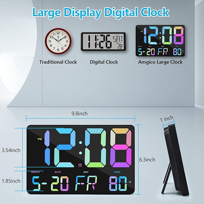 Amgico Digital Alarm Clock with Snooze, Temperature, Auto Dimming, 11.5" Large Display Calendar, Desk/Wall Clock for Bedroom, Living Room, Office, Home, Classroom, Kids, Elderly - Rainbow
