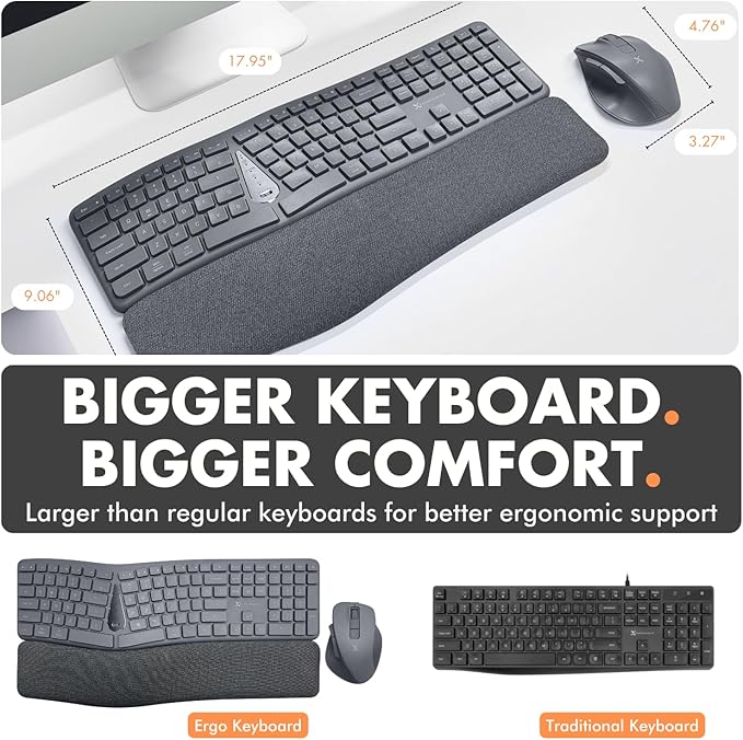 X9 Split Ergonomic Keyboard Mouse Wireless Combo - Type Comfortably Longer - 2.4G/Bluetooth Ergo Keyboard Mouse Wireless, Silent Keys, Wrist Rest, Multi-Device, Rechargeable for Laptop, PC, Mac - Gray