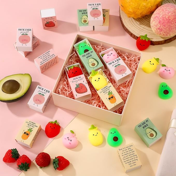 Wettarn 24 Sets Appreciation Fruit Gifts Cute Stress Balls with Support Gift Boxes Inspirational Party Favors for Employee Coworker Friends Office Positive Relief Toys