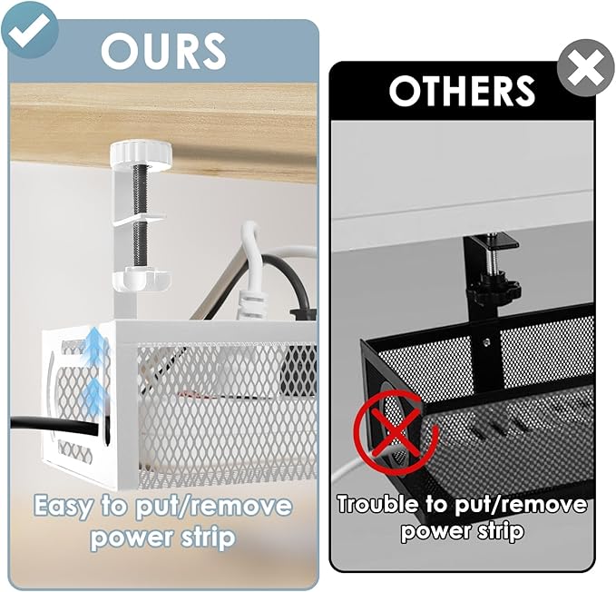 Under Desk Cable Management Tray, Cable Management Under Desk No Drill, Wire Management Tray with Clamp, Cord Organizer for Home Office, White