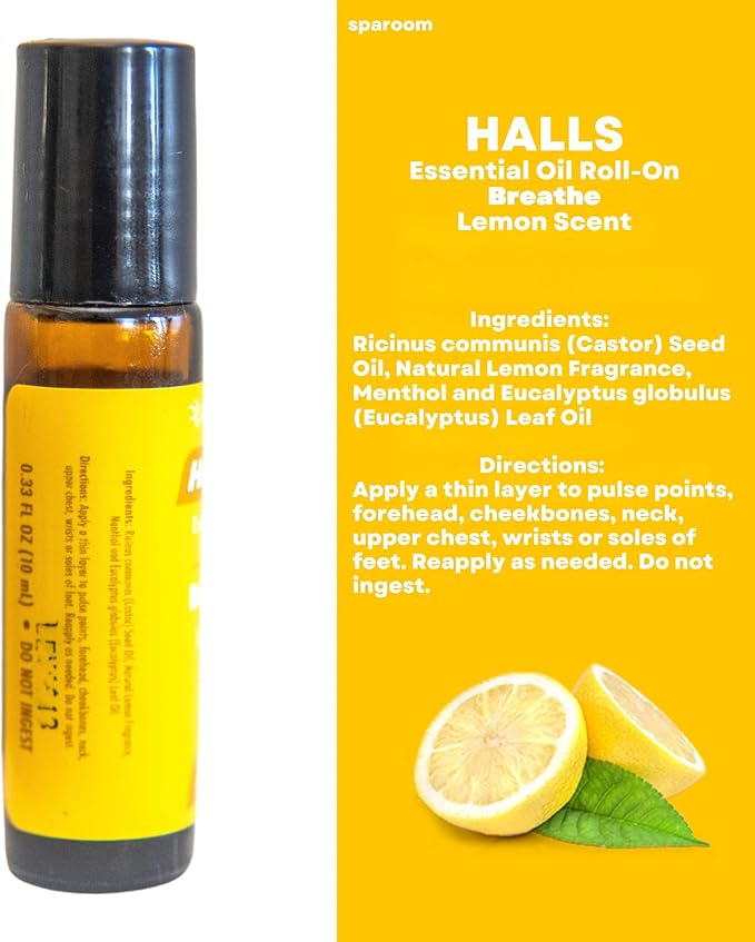 Halls Breathe Essential Oil Roll On Lemon – Uplifting Citrus Blend with Menthol for Stress and Craving Relief, Clean Botanical Aromatherapy for Travel or Home Use, 10mL Pocket-Sized Format