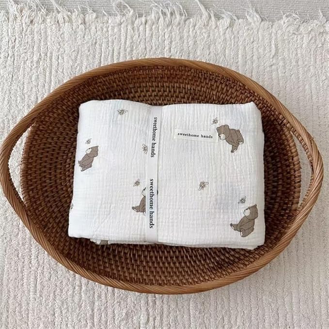 BuLuTu 47"x51" Large Toddler Girls Boys Blanket Muslin Cotton, Lightweight Soft Thin Summer Crib Quilt, Cute Animal Baby Blankets Newborn Infants Nursery Blanket, Bear Bee Pattern