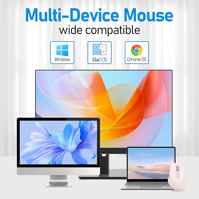 Wireless Bluetooth Side Scroll Mouse with Multi-Device, Ergonomic Computer Mice with Smart Flying Scroll, Quiet Click for Computer, Laptop, iPad, Tablet, MacBook (Pink)