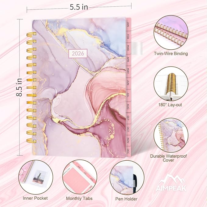 2026 Planner -Weekly and Monthly Planner, Calendar Planner 2026 for Women, AIMPEAK Weekly Planner 2026 with Tabs, Jan. 2026 - Dec. 2026, Pen Loop, Pink Marble, 5.5" x 8.5"