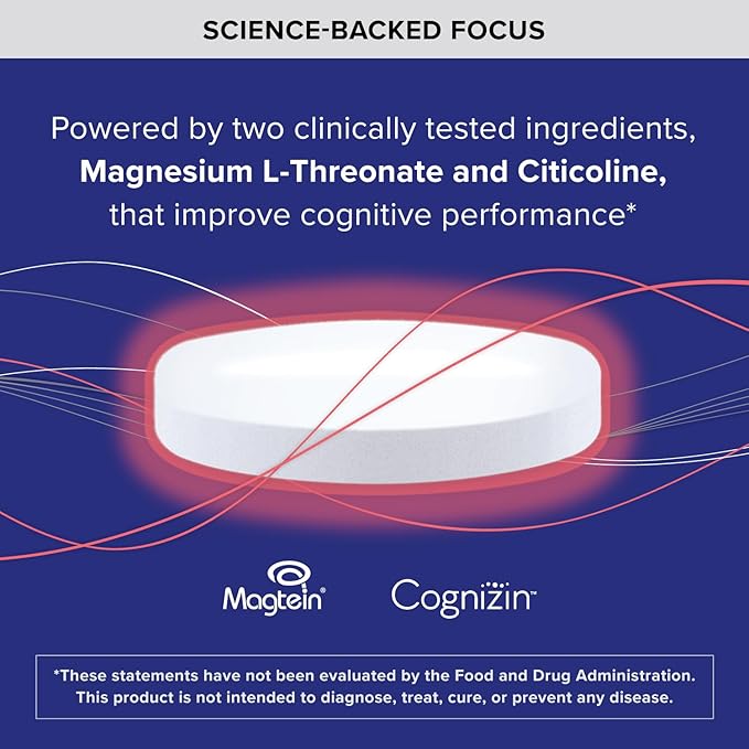 Qunol Brain Health Focus Plus, Magnesium L-Threonate & Citicoline, Clinically Tested Ingredients to Improve Focus, Attention and Productivity, 60 Count (Pack of 1)