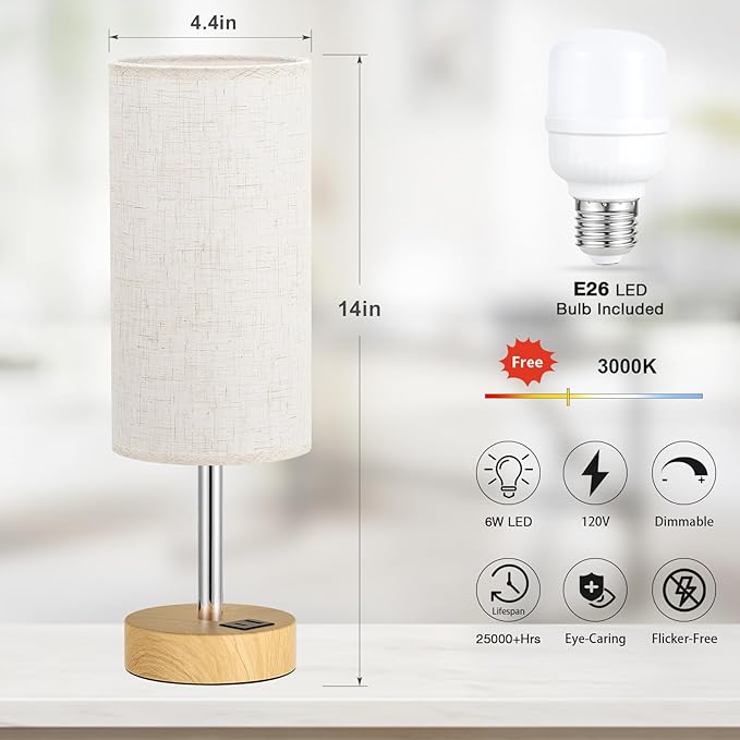 Touch Bedside Table Lamp with USB - 3 Way Dimmable Wood Lamp for Bedroom Nightstand, Desk Lamp with Charging Station for Dorm, Living Room, Office, Kids Room, Nursery, Small
