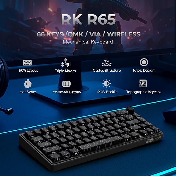 RK ROYAL KLUDGE R65 Wireless Mechanical Keyboard with Volume Knob, 60% Gaming Keyboard Topographic, Tri-Mode 2.4Ghz/USB-C/BT, Gasket Mount, QMK/VIA, PBT Keycaps, Hot Swappable Cream Switch, Black