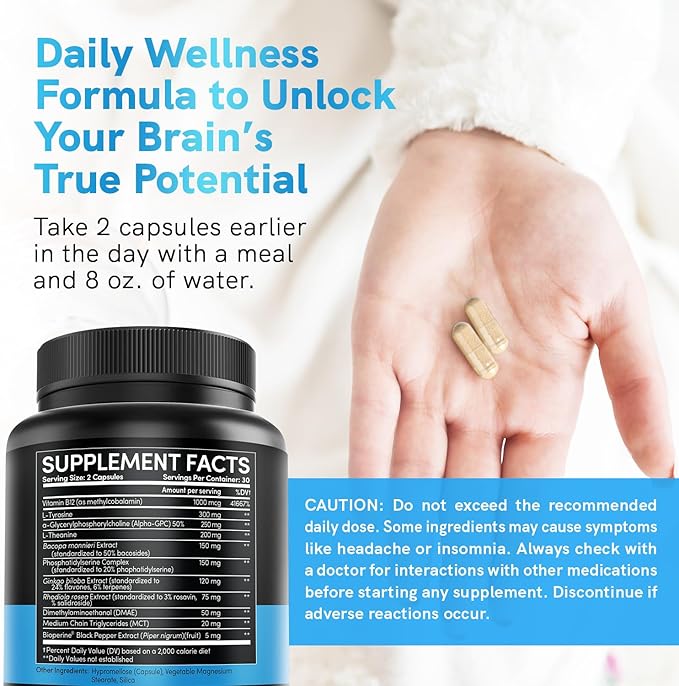 12-in-1 Nootropic Ginkgo Biloba for Brain Support, Memory and Focus - B12, Alpha GPC, L Theanine and Choline Supplements with Bioperine Non Caffeinated 1321mg (60ct)