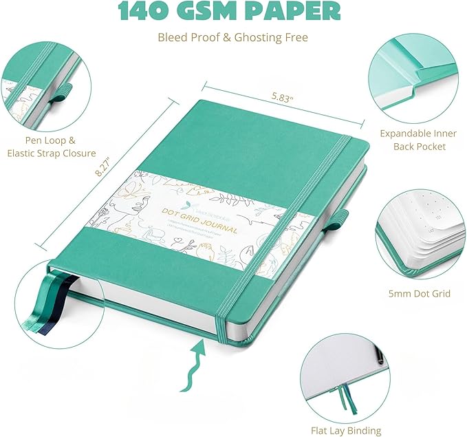 Dotted Journal – 140gsm Bleed Proof Thick White Paper – 200 Numbered Dot Grid Notebook Pages – Lay Flat Binding a5 Dotted Notebook with 3 satin Bookmarks and Expandable Back Pocket