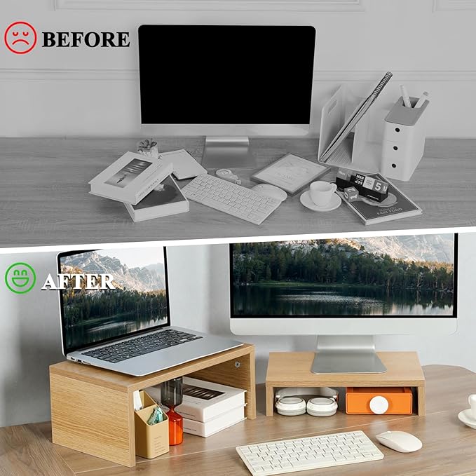 TEAMIX Pull Out Monitor Stand Riser-2 Pack,Wood 2 Tier Adjustable Monitor Stand Dual Monitor Riser for 2 Monitors/Laptop/PC Computer Stand Desktop Space Saver…