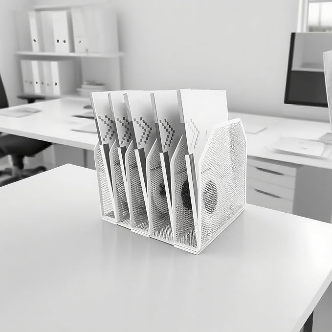 Adjustable Desk File Organizer,Detachable Office Folder Organizer,Compact Vertical Desk File Holder,Wrought Iron Paint,Suitable for Home, School, Office Classrooms (White - 5 grids)