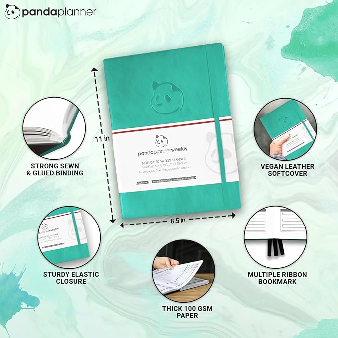 Panda Planner 2025-2026 Undated Weekly Planner, To Do List Notebook with Habit Tracker, 8” x 11”, 53 Weeks, Daily Weekly Monthly Overview for Home, School, Office, Turquoise