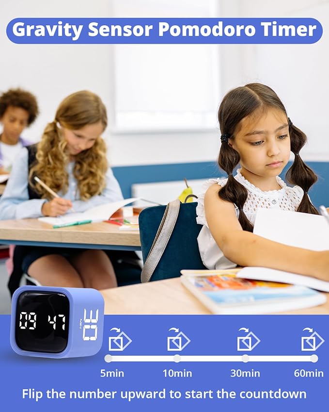 Productivity Timer Flip Gravity Sensor Cube Timer Countdown & Countup,Mute & Vibrate & Sound，5/10/30/60min & Custom Timing, Perfect for ADHD,Work,Learning,Kitchen Cooking
