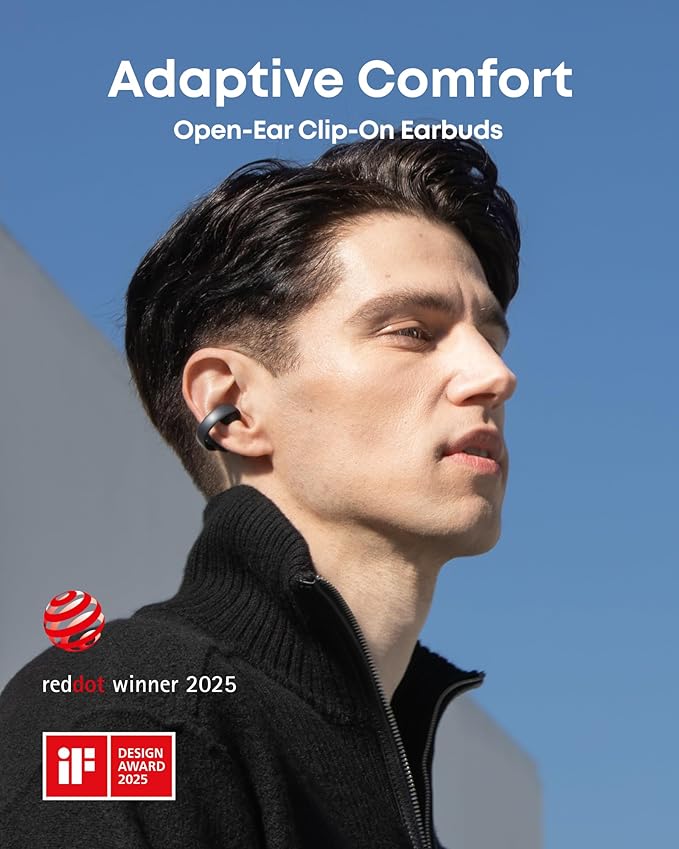 Soundcore AeroClip by Anker, Open-Ear Earbuds, Clip-On Headphones, Adaptive Comfort, Clear Calls with 4 Mics and AI, Stable Fit, 12mm Drivers for Powerful Bass, Hi-Res, Open-Ring Design