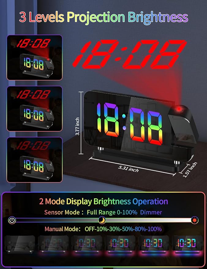 Projection Alarm Clock, Digital Colorful Clock with 180° Rotatable Projector, Mirror Clocks with RGB Night Light,Snooze,12/24H, Dual Charger Port, Auto Dimmer, LED Desk Clock for Bedroom