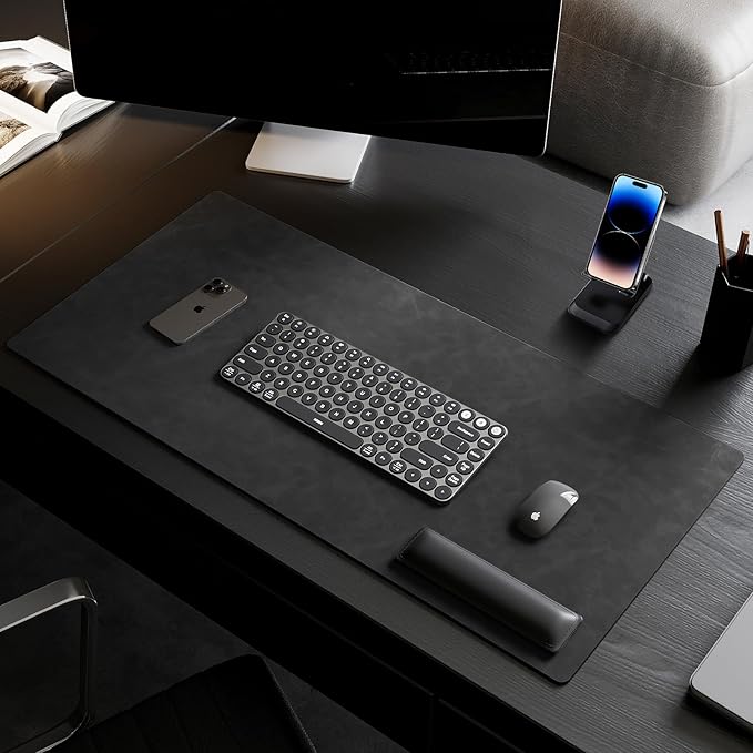 Leather desk pad for computer and laptops, Ideal for gaming and office use, Large mouse pad and keyboard mat, desk mat special for man. A complimentary wrist pad and phone stand. (Black, 17.7"x 39.37)