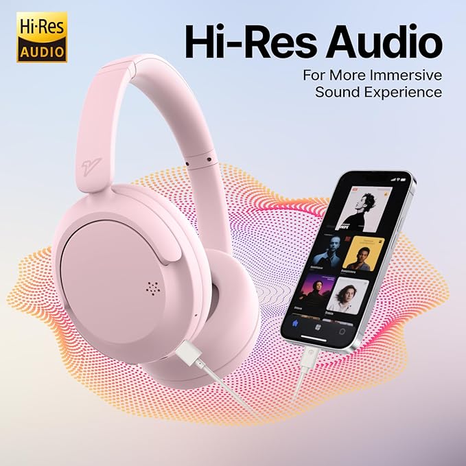 VOKALEN Hyper GO Wireless Over-Ear Noise Cancelling Headphones with Mic, 60H Playtime, Bluetooth Headset, Multi-Device Pairing, Ultra-Lightweight for Travel, Work, Study (Pink)