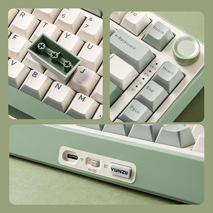 YUNZII B75 PRO Wireless Mechanical Keyboard,75% Layout with Knob,Hot Swap Gasket Structure,Creamy Pre-lubed Switches,RGB Backlit,Bluetooth/Type-C/2.4G for Win/Mac (Matcha Green, Cocoa Cream V2 Switch)