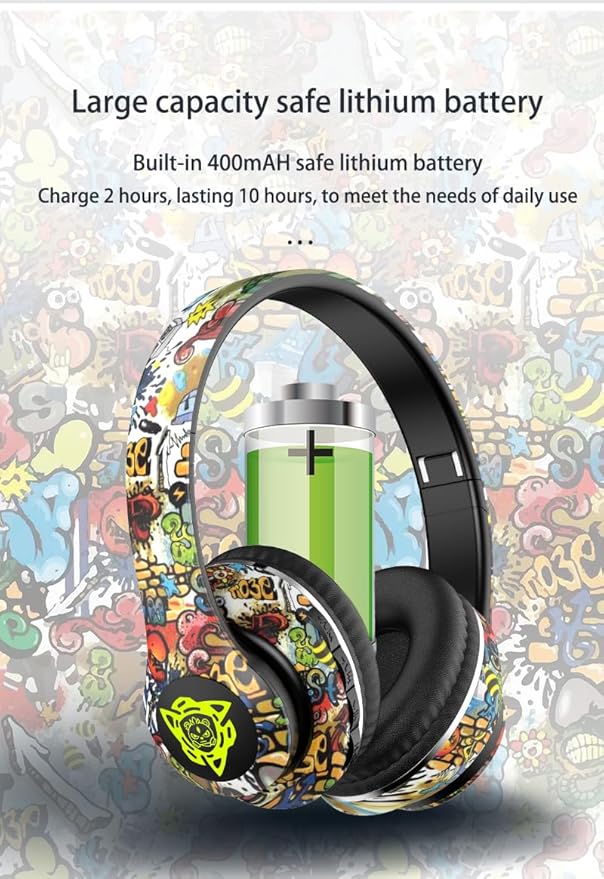 Graffiti Style Over-Ear Headphones - Wireless Bluetooth 5.0, Hi-Fi Stereo Sound, Comfortable Soft Earpads, 30-Hour Playtime, Built-in Mic for Hands-Free Calls (B)