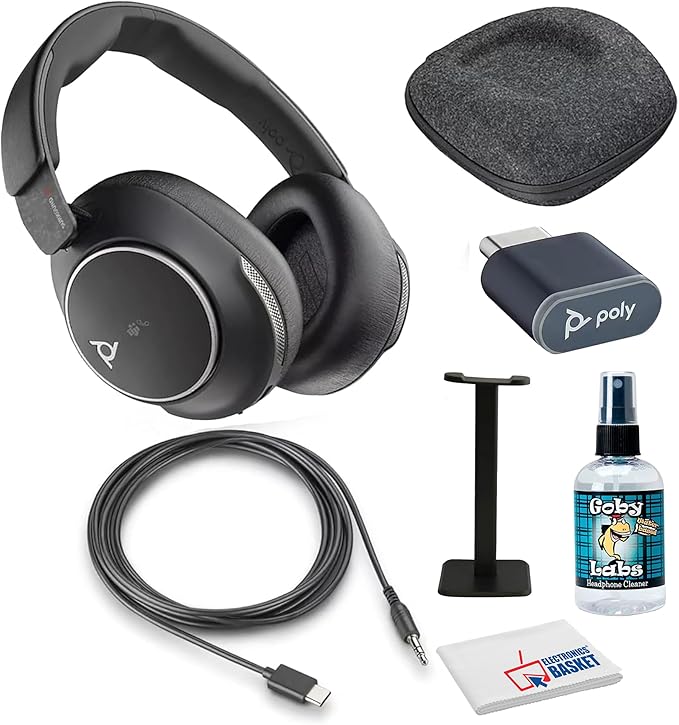 Poly (Plantronics Voyager Surround 80 UC Noise-Canceling Wireless Over-Ear Headset (8G7T9AA) Bundle Including: Goby Labs Headphone Cleaner, Headphone Stand, Fiber Cloth