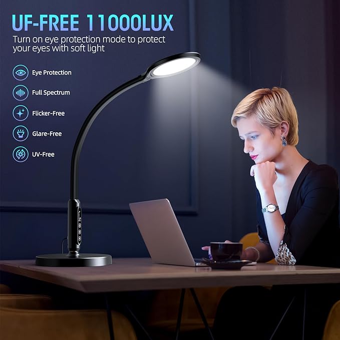 Happy Light Therapy lamp 11000 Lux,LED UV-Free Sunlight lamp,Full Spectrum Happy Therapy lamp with 10 Adjustable Brightness Levels,2 in 1 Retractable Floor Sad Lamp (Black)