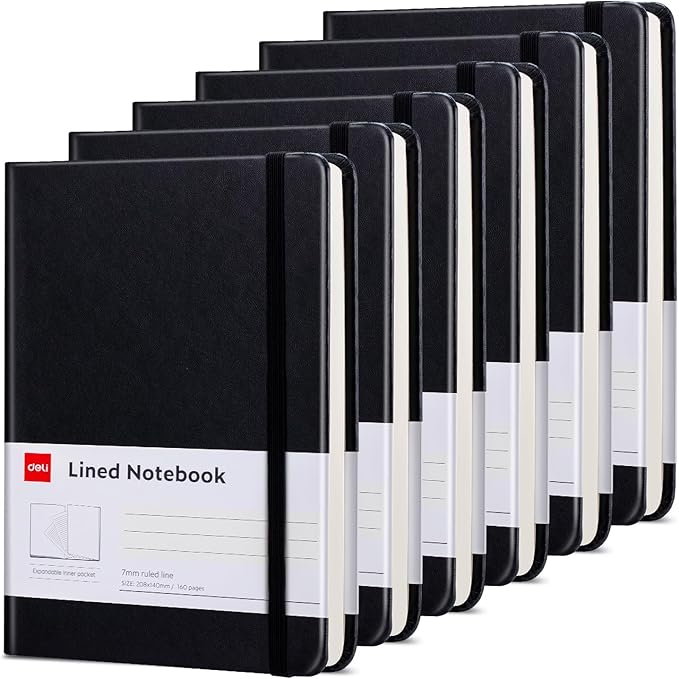 deli 6-Pack Black Lined Journal Notebook, 160 Pages Hardcover Writing Notebook, A5 (5.5"x8.2") College Ruled Notebook for Office, School, Work Notes