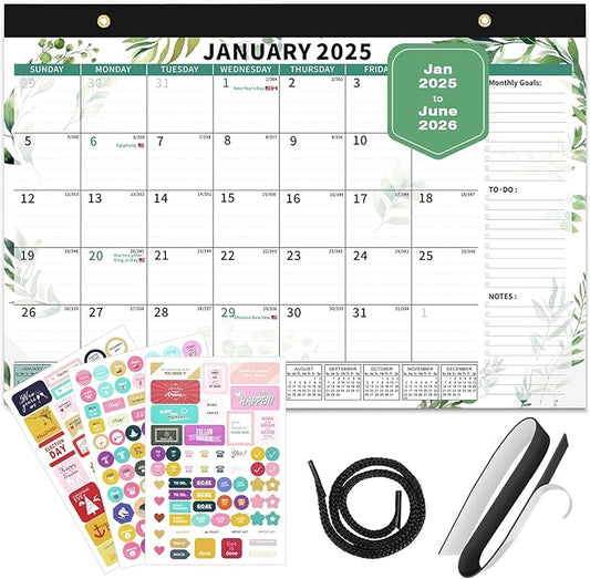 Ospelelf Desk Calendar 2025-2026, Magnetic Fridge Wall Calendar, 18 Month Monthly Large Calendar Planner with Plastic Cover Floral 17" X 12" Green Leaves
