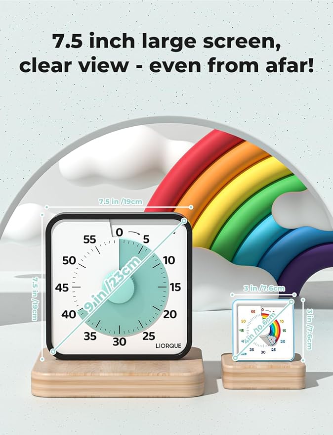 LIORQUE 60 Minute Visual Timer for Kids and Adults, Non-Ticking 7.5 Inch Large Visual Countdown Timers for Classroom Desk Countdown Clock with Magnetic Backing, Kids Pomodoro Timer Clock