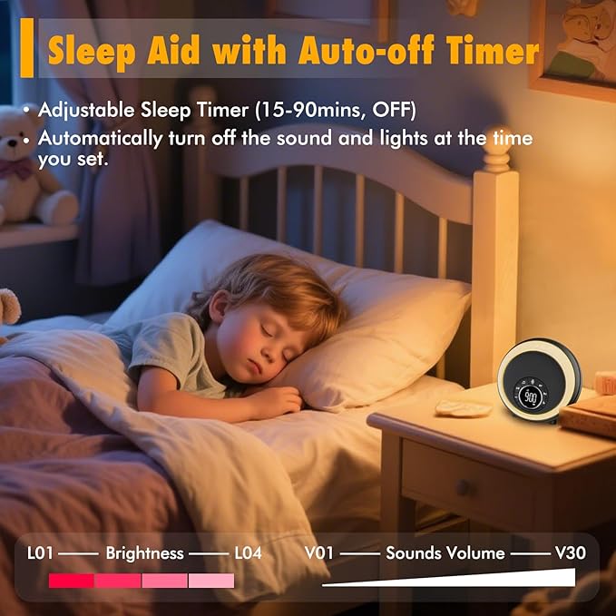 White Noise Sound Machine for Sleep, 30 Soothing Sounds, 8 RGB Dimmable Night Lights, Portable Bluetooth Speaker Alarm Clock for Bedrooms, Heavy Sleepers, Ideal Gift for Baby, Kids, Teenagers, Adults