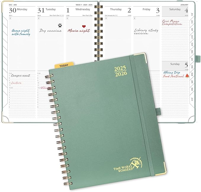 POPRUN Academic Planner 2025-2026 (July 2025-June 2026), Daily Weekly and Monthly Appointment Book (Wirebound Hard Cover - 10'' x 8'') with Hourly Time Slots, Tabs, 100 GSM - Midnight Green