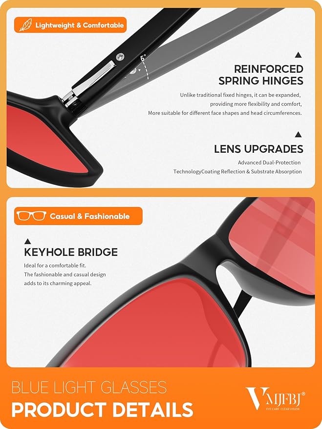 Blue Light Blocking Glasses for Men Woman, Anti Blue Light Glasses for Better Sleep Computer Use Gaming with Red Lens Reduce Eye Strain