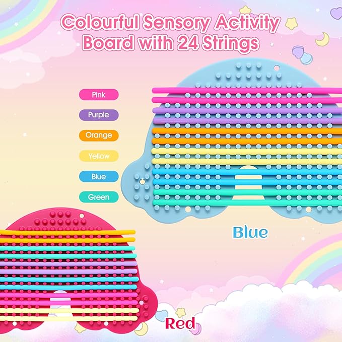 2 Pack Sensory Activity Board Silicone Fidget Toy, Double-Sided Rainbow Sensory Toys for Autism, Stress, Anxiety, ADHD, Kids 3+& Adults, Includes Travel Bag & 24 Strings, Red & Blue